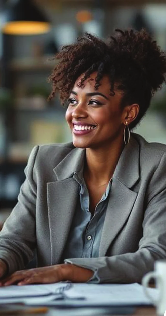 A smiling African professional woman taking notes at her desk
